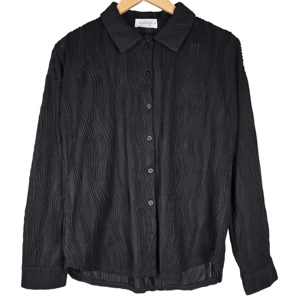 Kaileigh Black Wavy Textured Button Down Long Sleeve Shirt Top Size S